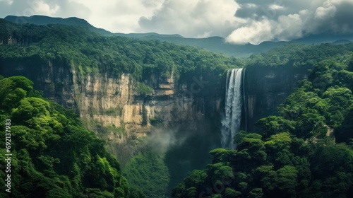 a very tall waterfall in the middle of a lush green forest filled with lush green trees and a cloudy sky.