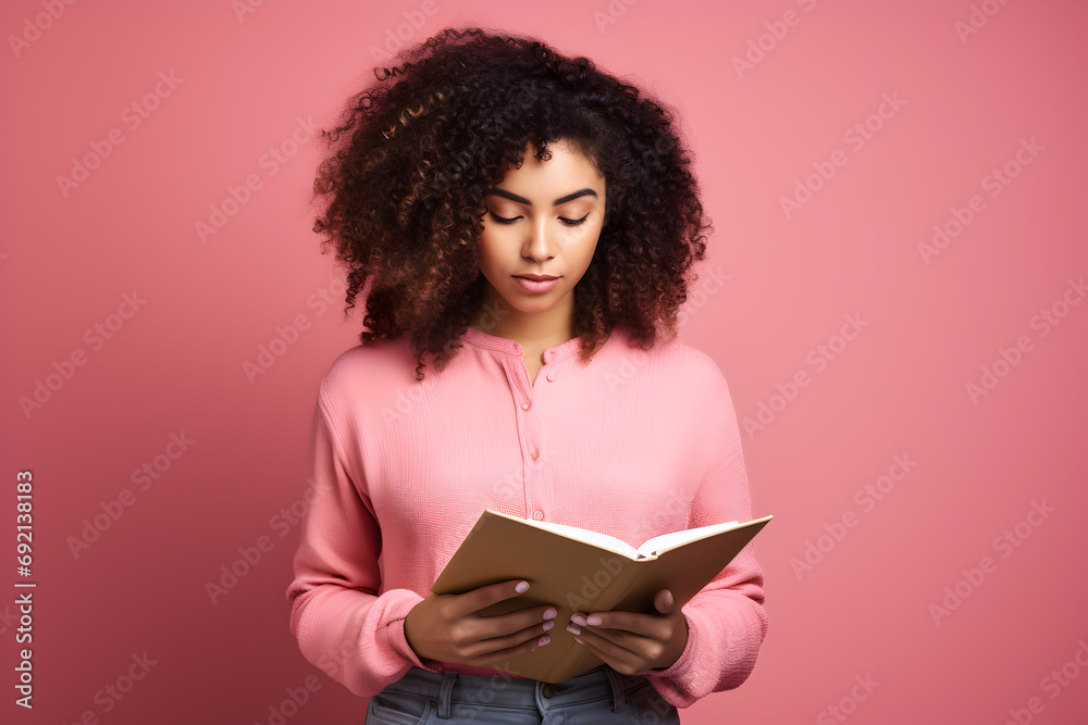 Mujer afroamericana seria leyendo un libro aislada sobre fondo rosa - obrazy, fototapety, plakaty 