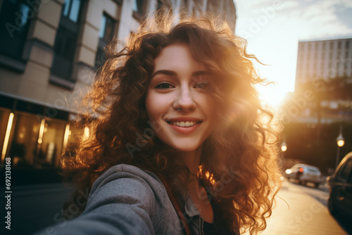 Retrato en primer plano de una hermosa joven con cabello rizado tomándose un selfie en la calle photo
