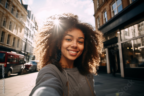 Foto de joven mujer afroamericana con cabello rizado sonriendo y tomándose un selfie al aire libre. photo