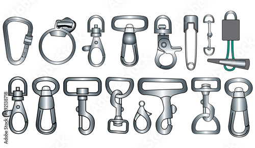 Claw clasps and carabiners flat sketch vector illustration set, different types of clasps, buckles and carabiners for jewellery, climbing equipment, garments dress fasteners, Clothing and Accessories photo