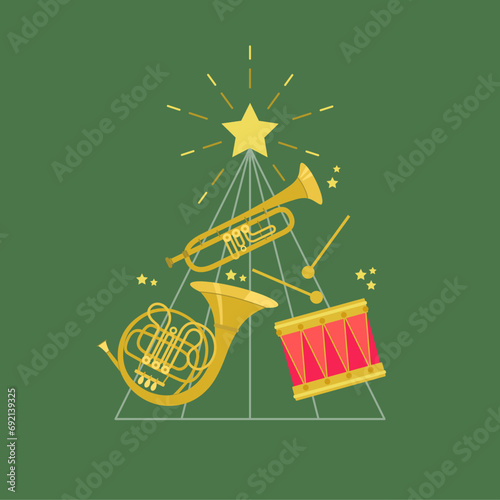 Set of musical brass and percussion instruments: trumpet, drum, french horn against backdrop of Christmas tree with twinkling star. Cute vector invitation card for musical holiday performance.