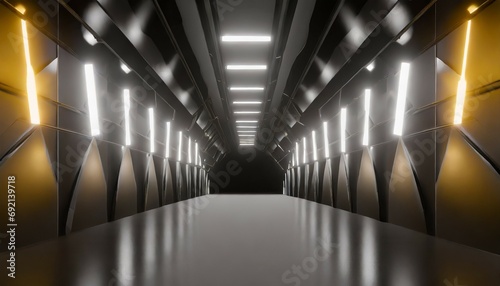 futuristic architecture background empty geometric interior with glowing lamps in dark tunnel 3d render