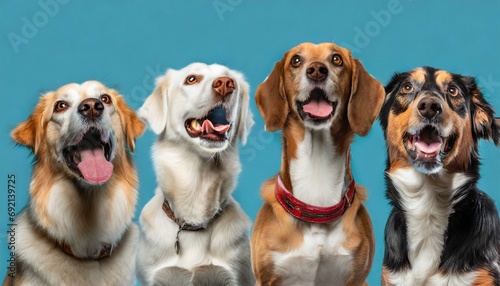 banner six hungry dogs looking up begging food on blue background © Emanuel