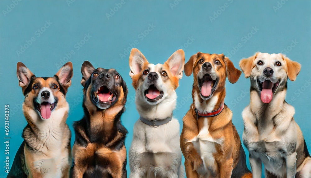 banner six hungry dogs looking up begging food on blue background