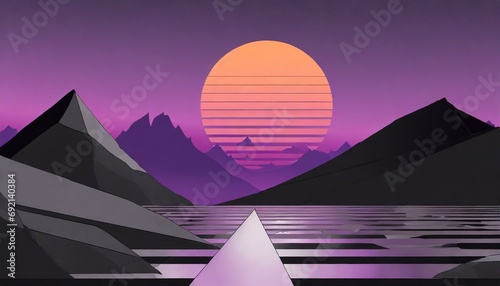 80s style sci fi purple background with sunset behind black and gray mountains futuristic illustration or poster template synthwave banner