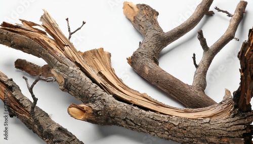 dead tree branches with cracked bark on white background