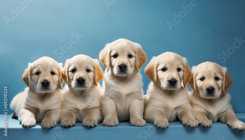 group of golden retriever puppies in a row over blue background