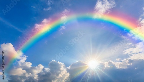 beautiful vibrant double rainbow cloudscape background awesome blue sky with pretty clouds bright sun shining down and a large double rainbow arcing across the right corner with copy space © Emanuel