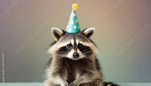 cute racoon with birthday party hat on pastel background