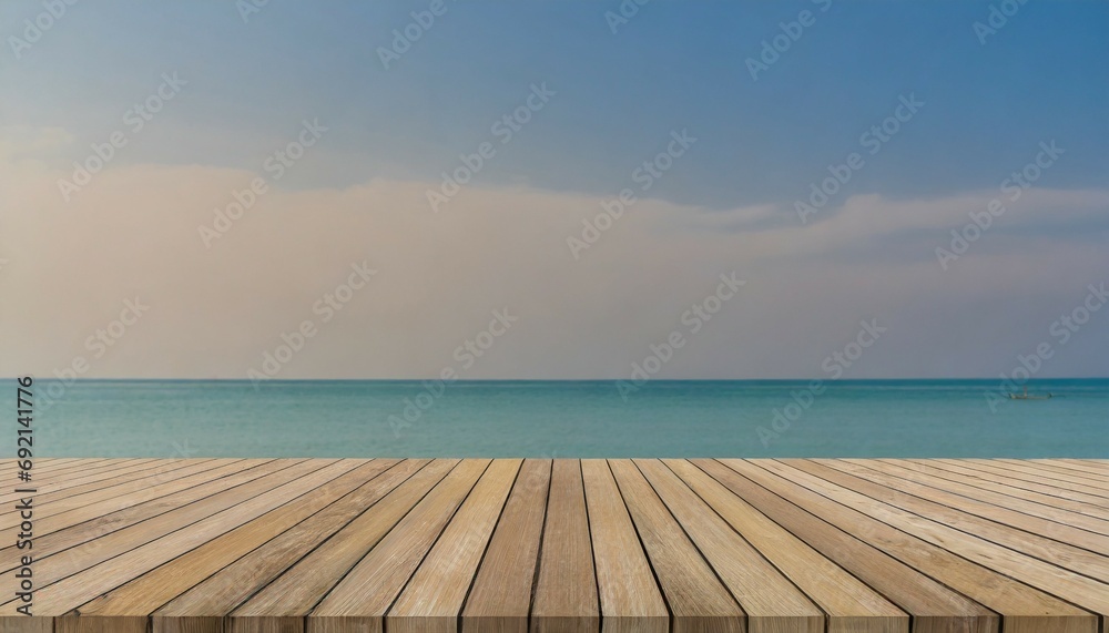 wood floor deck on blur beach background can be used for display or montage your products high quality photo