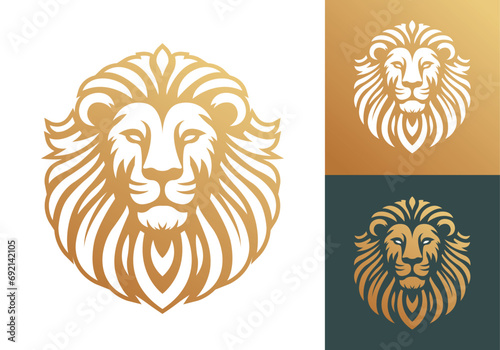 Lion head vector line art illustration isolated on dark and white background. Lion face and mane business logo design template.