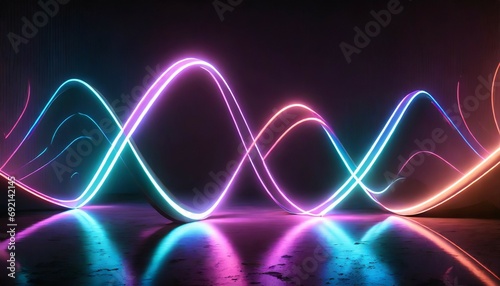 3d render abstract background of neon ribbon fluorescent ines glowing in the dark room with floor reflection fantastic panoramic wallpaper digital data transfer energy concept