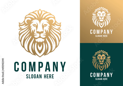 Lion face front view vector art image business company logo template, brand identity logotype on white and dark backgrounds.