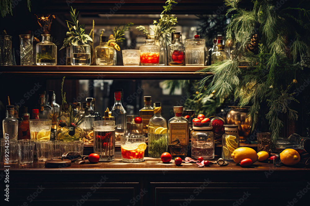 Christmas cocktail bar, gourmet holiday drinks, adorned with fresh herbs, edible flowers Christmas cocktail bar, gourmet holiday drinks, adorned with fresh herbs, edible flowers