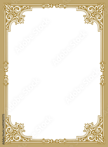 Golden vintage vertical frame with ornament, frame for a text and photo vector illustration