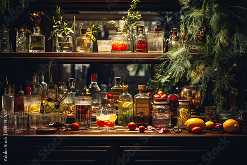 Christmas cocktail bar, gourmet holiday drinks, adorned with fresh herbs, edible flowers