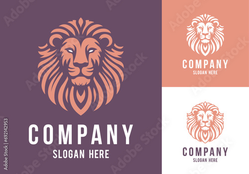 Lion head vector line art illustration isolated on dark and white background. Lion face and mane business logo design template.
