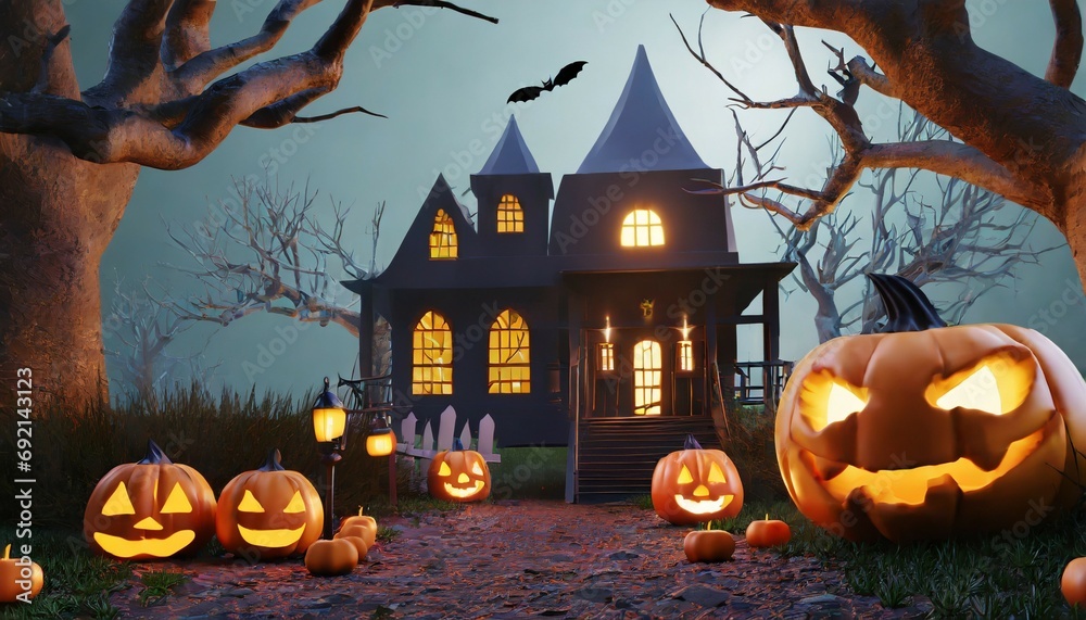 halloween background with pumpkins and haunted house 3d render halloween background with evil pumpkin spooky scary dark night forrest holiday event halloween banner background concept