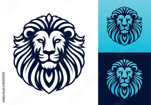 Lion head logo template design line art vector illustration isolated on white and dark backgrounds. Lion face with mane hair brand identity logotype design.