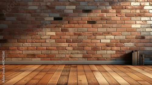 Rustic Brick Wall and Polished Wooden Floor Background with a Stack of Old Books