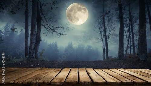 spooky forest with full moon and wooden table