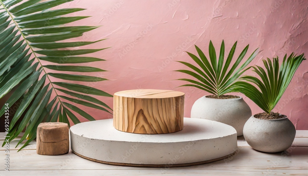 wooden round podium geometric product display pedestal with palm leaves on pink background a stand near concrete flower pots showcase