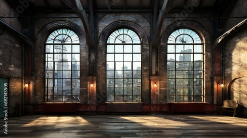 Golden Hour Sunlight Bathing an Industrial Loft Space with Arched Windows and Brick Walls photo