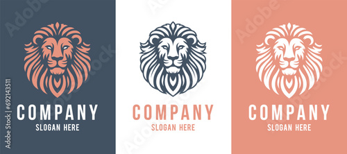 Lion head company logo vector line art illustration on black and white background. Lion face and mane business logo design.