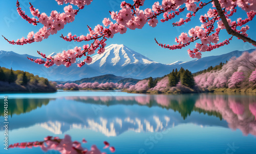 A Landscape of Sakura over a winding river under the big snow mountain
