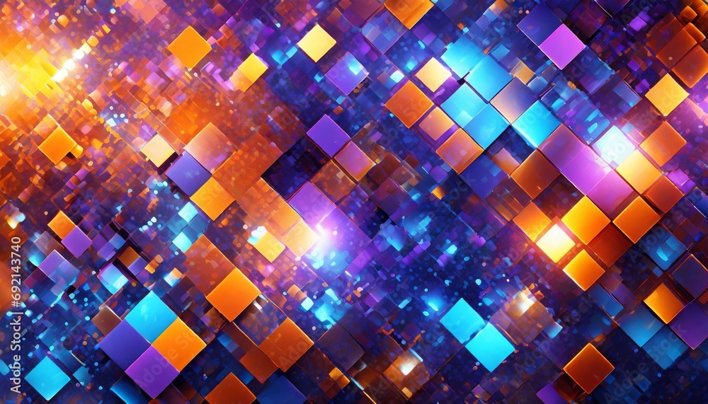 abstract glittering geometric texture with orange blue and violet pixels fantasy fractal design digital art 3d rendering