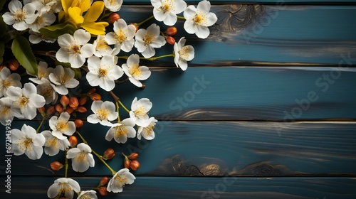 White Blossoms and Yellow Tulips Adorning a Navy Blue Wooden Textured Tabletop Surface © SK