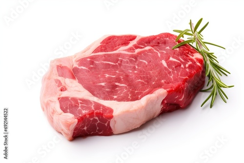 Raw meat steak with green rosemary isolated on white background