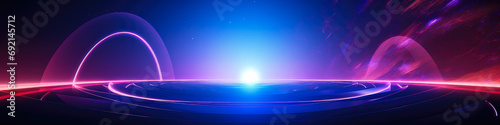 Futuristic technology banner with purple and blue glowing lines. Copy space.