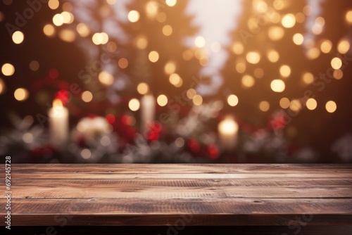 Empty wooden tabletop and blurred christmas tree background with beautiful bokeh for displaying or mounting your products