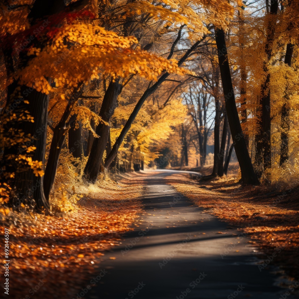 The Forest Path, a picturesque autumn road covered with fallen leaves, passes through a forest illuminated by the warm shades of autumn. Play of light and shadow, landscape with mine space.