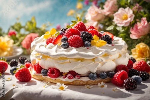 A heavenly pavlova with vibrant mixed berries generated with AI