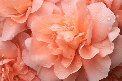 background with peach-colored flowers with water droplets. The tonality peach fuzz color 2024 © lena
