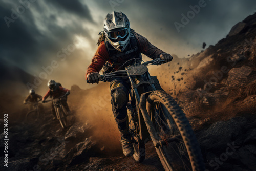 Extreme sports enthusiasts conquering challenging terrain on mountain bikes, reflecting the thrill of adventure. Generative Ai.