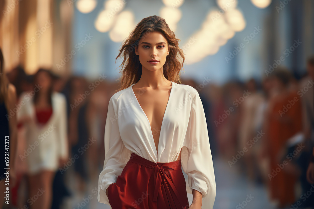 Fototapeta premium A dynamic fashion runway with models confidently strutting in the latest designs, symbolizing trends and self-expression. Generative Ai.