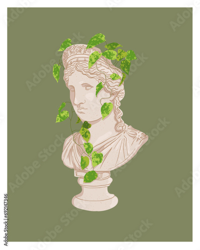 Ancient Greek goddess statue on color background. Artemis, Aphrodite, and Hera. Classical sculpture busts with plants. Vintage planter pot, hanging houseplant. Pothos, inch plant, string of hearts