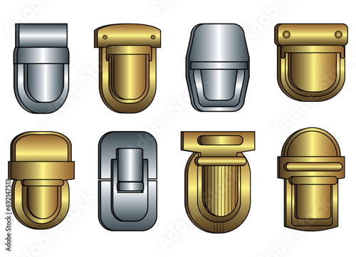 Bag Tuck lock closure and catch clasp buckles flat sketch vector illustration, set of leather bag, purse and handbag lock, closures buckles cad drawing template
