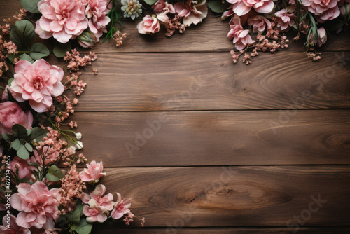 A rustic wood and floral template, creating a charming aesthetic for rustic wedding invitations or event announcements. Generative Ai.