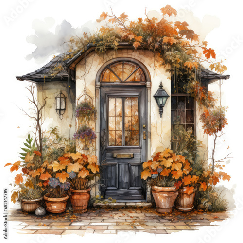 watercolor Autumn Door clipart, Generative Ai