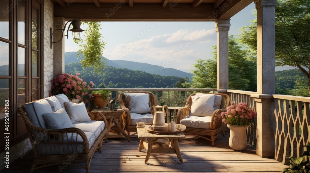 Fototapeta premium Relax on the elegant patio with wood furnishings, a coffee table and plenty of potted flowers for a picturesque setting for relaxing and entertaining.