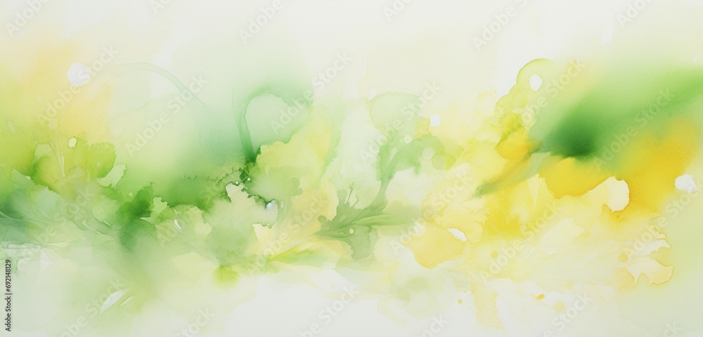 Explore the world of abstract watercolor with a light tone, featuring yellow, green, and white gradient drawing done by hand. 