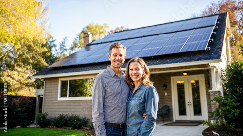 Happy couple hugging in front of their house with solar panels on the roof