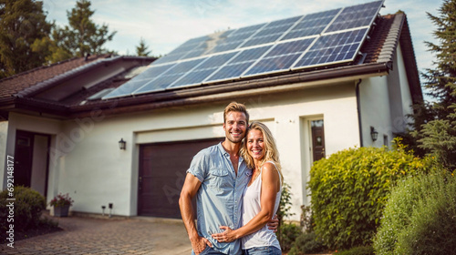 Happy couple hugging in front of their house with solar panels on the roof