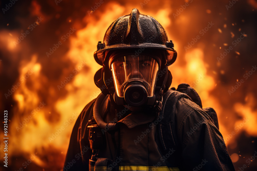 A firefighter in full gear, bravely facing flames to ensure the safety of others. Concept of courage and public service. Generative Ai.