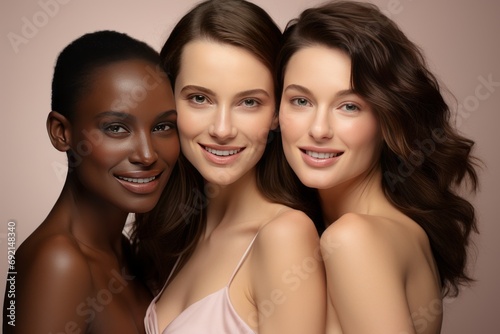 Three Multicultural Women Friends in Bright Dresses, Fashion Portraits in Solid Pink Background